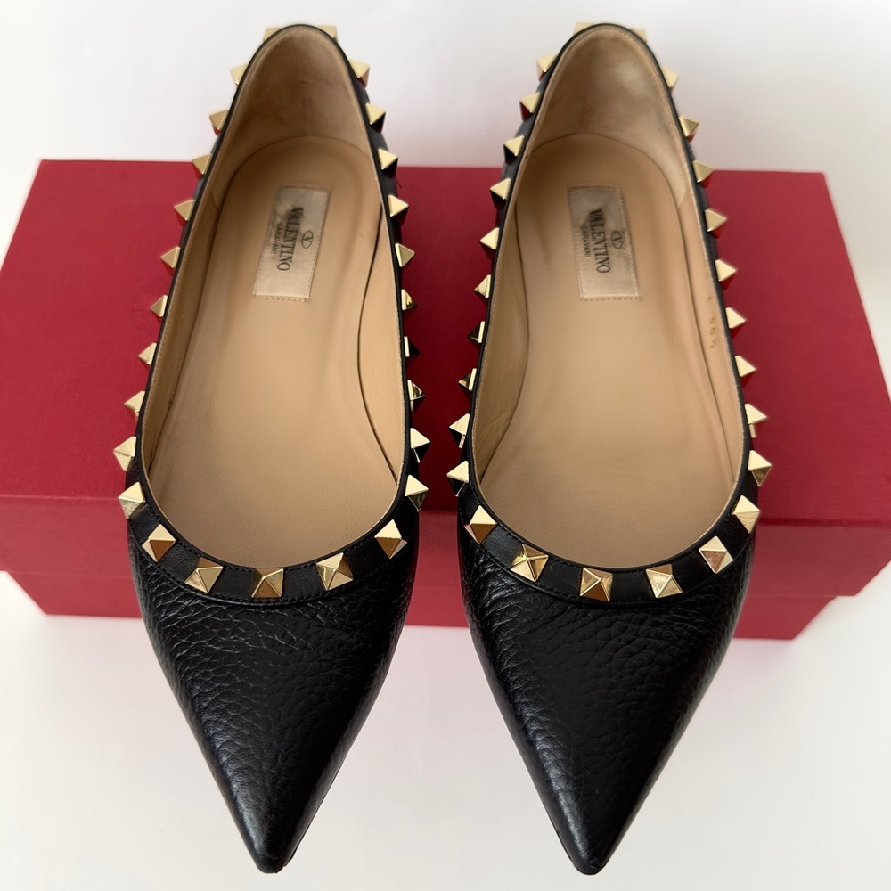 ✨Auth VALENTINO GARAVANI Rockstud Pebbled Leather Pointed Ballerina Flats 36.5 - Picture 4 of 16